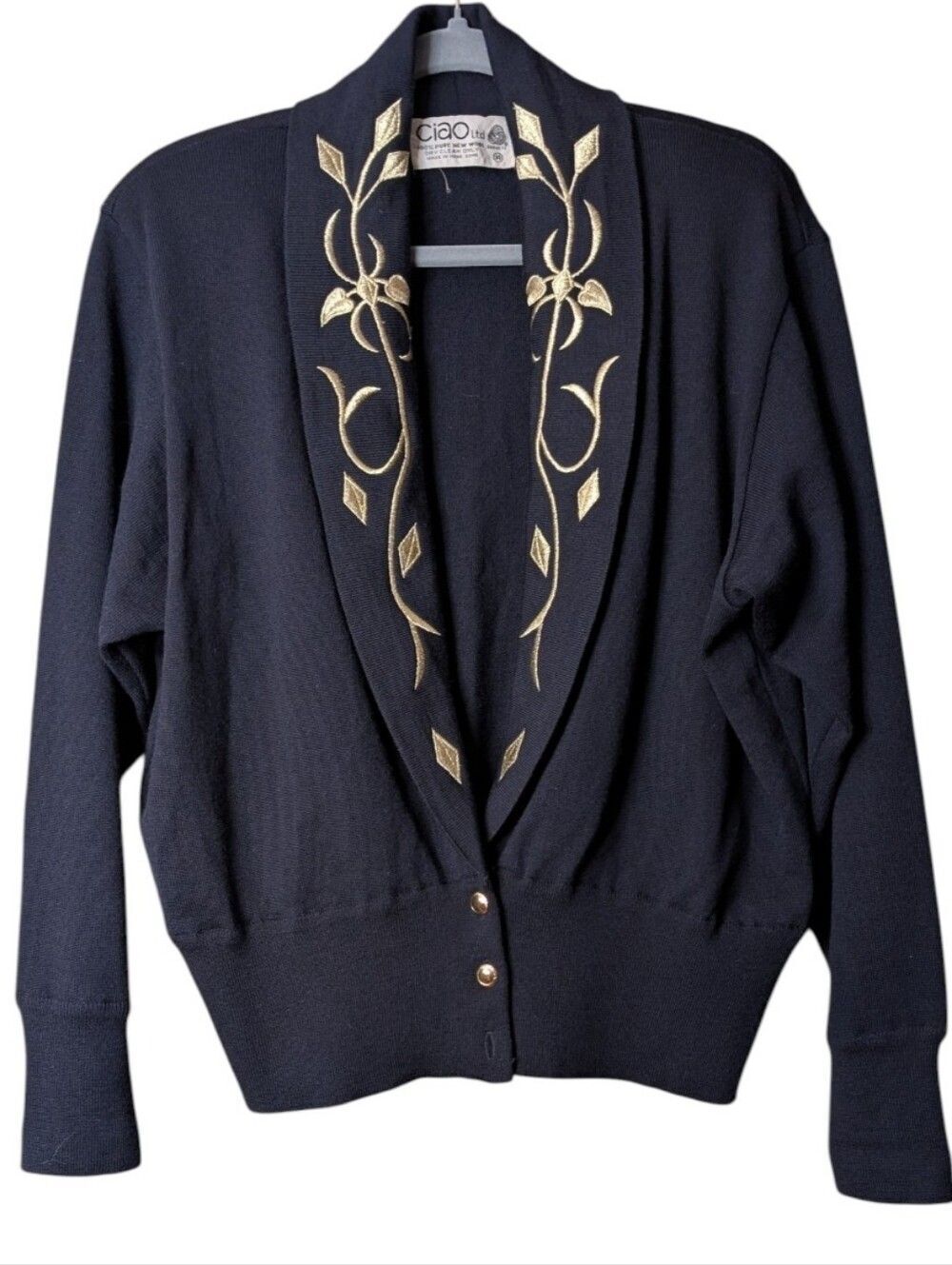 Vintage 80s CIAO Navy wool Cardigan Gold Metallic Floral Embroidery Sweater 14